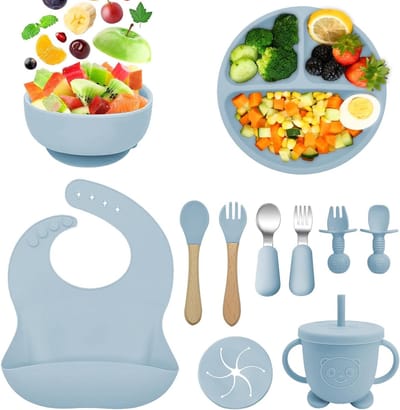 Complete 11-delige baby maaltijdset met zuignap, BPA-vrij bestek, borden, kommen en slabbetjes voor een veilige en gemakkelijke eetervaring