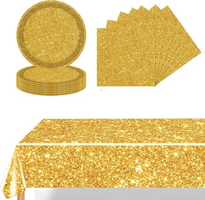 37-delige Gouden Feest Tafelset - Servies met 16 Papieren Borden, 20 Servetten en Tafelkleed voor Verjaardag, Bruiloft en Feestdecoratie