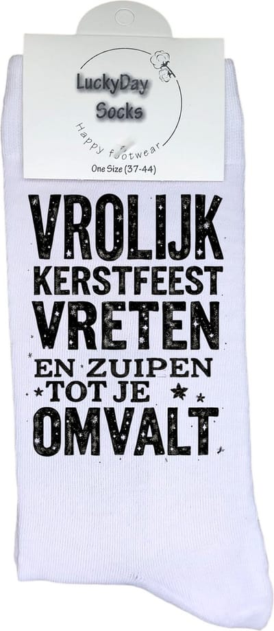 LuckyDay Socks - Grappige Kerst Cadeaus voor Dames en Heren - One Size Sokken met Tekst - Huissokken - Kerstsokken - Geschenk Vrouwen, Mannen , Moeder, Mama, Papa, Vader, Vriend, Vriendin, Zus, Broer, Oma, Opa - Originele Cadeautjes Volwassenen