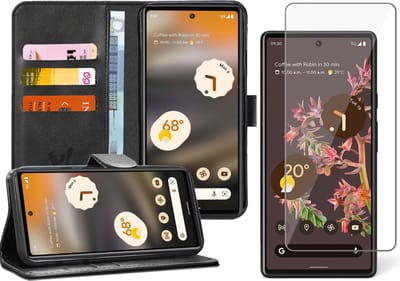 Hoesje geschikt voor Google Pixel 6a - Book Case Kunstleer Wallet Cover Portemonnee Pasjeshouder Hoes Zwart - Tempered Glass Screenprotector