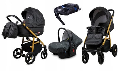 BabyLux® Kinderwagen 4in1 - AXEL - CARBON GOLD FRAME - Opklapbare Wandelwagen incl. Reiswieg, Multifunctionele Buggy Sportstoel, Autostoel, ISOFIX basisstation - Combi-kinderwagen met Luiertas, Regenhoes, Klamboe
