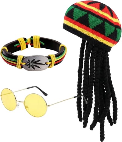 Driedelige Dreadlocks Set met Hoed en Bril voor Volwassenen - Perfect voor Carnaval, Cosplay en Hippie Themapartijen