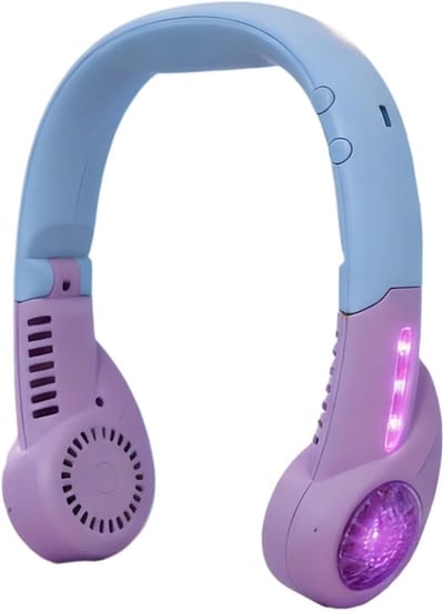 Opvouwbare nekwindmolen – Met LED-verlichting – Bladloos turbineontwerp – USB-oplaadbaar – Draagbare koelventilator voor de nek – Ideaal voor sport, buitenactiviteiten en kamperen – Paars (Om de nek te dragen)