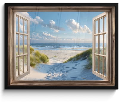 Poster in lijst - Fotolijst 70x50 cm - Posters - Doorkijk - Strand - Raam - Duinen - Zee - Posterlijst zwart - Decoratie - Wanddecoratie woonkamer - Muurdecoratie slaapkamer