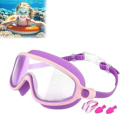 Kinder Zwembril met Neusklem en Oordopjes - Anti Condens Lekkagevrije Breedzicht Zwembril voor Jongens Meisjes 3-15 Jaar - UV Bescherming Zacht Silicone Zwemglas voor Zwembad Strand