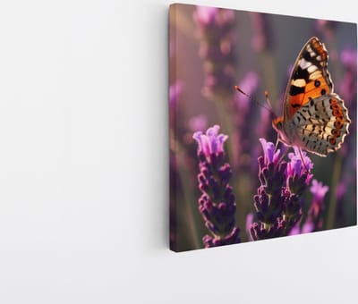 Saammp Canvas Schilderij -Vlinder op lavendel bloem - Dieren - 20x20 - Foto op canvas - Wanddecoratie - muurdecoratie Woonkamer - Slaapkamer decoratie - Canvas Print