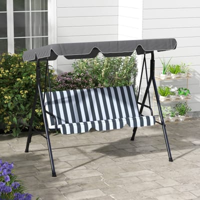 Hollywoodschommel met zitkussen, 3-zits tuinschommel met verstelbare zonnekap, schommelbank, max. belasting 240 kg, voor tuin, terras, 172 x 110 x 153 cm, Grijs+Wit