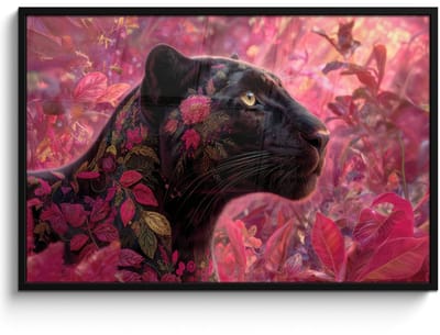 Poster in lijst - Fotolijst 120x80 cm - Posters - Luipaard - Bloemen - Roze - Posterlijst zwart - Decoratie - Wanddecoratie woonkamer - Muurdecoratie slaapkamer