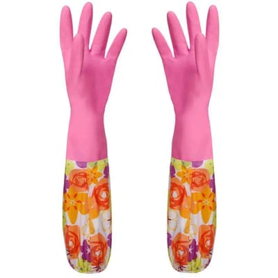 Bloem Rubber Fluweel Lange Handschoenen Huishoudelijk Antislip Wassen Schoonmaken Afwas Velvet style