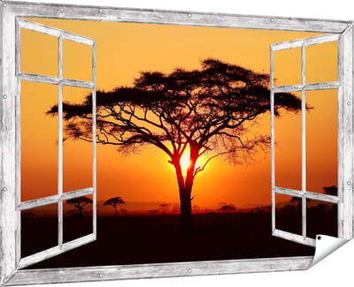 Gards Tuinposter Doorkijk Zonsondergang Achter een Savanne Boom - 180x120 cm - Tuindoek - Tuindecoratie - Wanddecoratie buiten - Tuinschilderij