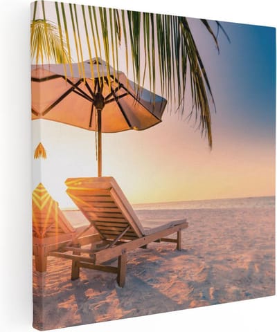 Artaza Canvas Schilderij Strand Zee - 90x90 cm - Wanddecoratie Zonsondergang - Muurdecoratie Palmboom - Schilderijen Op Canvas Kust