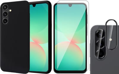 Hoesje geschikt voor Samsung Galaxy A17 5G / A26 - Screenprotector Glas & Camera Protector - Mat Back Case Zwart