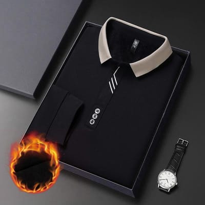 Fluwelen Poloshirt met Lange Mouwen Schaar Kraag Heren Herfst en Winter Nieuw Middenjarige Vader Los Revers T-shirt 58/130/4XL black