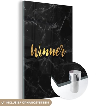 MuchoWow® Glasschilderij 40x60 cm - Schilderij acrylglas - Win - Goud - Marmer - Foto op glas - Schilderijen