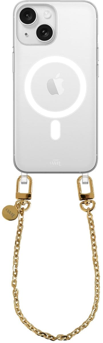 xoxo Wildhearts magnetisch hoesje geschikt voor iPhone 15 Plus MagSafe - Dreamy - Transparant telefoonhoesje met koord - Telefoonkoord - Gouden schakelketting - Kort koord