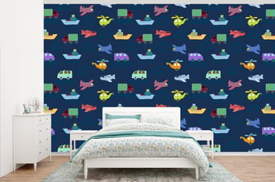 Behang - Fotobehang Patronen - Vliegtuig - Boot - Vrachtwagen - Jongetje - Jongens - Kinderen - Kids - Breedte 345 cm x hoogte 220 cm