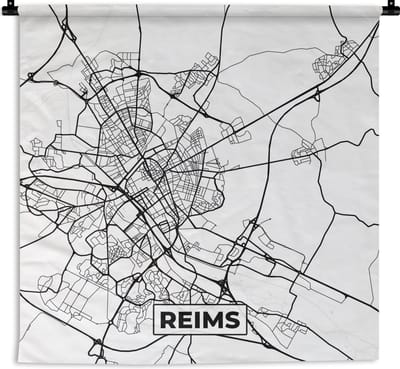 Wandkleed - Wanddoek - Kaart - Plattegrond - Reims - Frankrijk - Stadskaart - Zwart wit - 180x180 cm - Wandtapijt