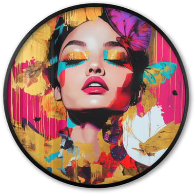Poster in lijst Rond - Fotolijst 60x60 cm - Posters - Vrouw - Abstract - Kleurrijk - Ronde posterlijst zwart - Decoratie - Wanddecoratie woonkamer - Muurdecoratie slaapkamer
