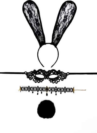 KIMU® Haarband Set Bunny Zwart Kant - Konijn Oren, Masker, Staart & Choker - Kanten Diadeem Konijnenoren Masker Oortjes Paashaas Staartje Lace Sexy Ketting Playboy Festival