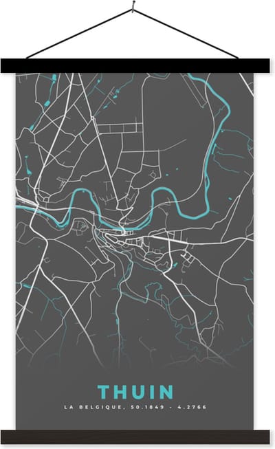 Posterhanger incl. Poster 40x60 cm - Schoolplaat - Stadskaart – Grijs - Kaart – Thuin – België – Plattegrond - Textielposter - Zwarte latten - Stadskaart