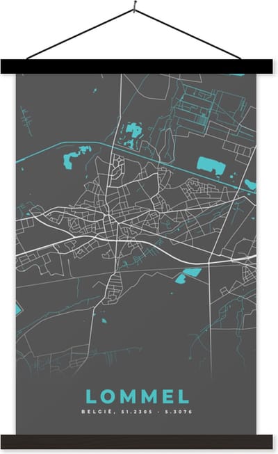 Posterhanger incl. Poster 40x60 cm - Schoolplaat - België – Lommel – Stadskaart – Kaart – Blauw – Plattegrond - Textielposter - Zwarte latten - Stadskaart