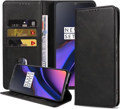 Smartphonica Telefoonhoesje geschikt voor OnePlus 6T kunstleren Hoesje met Magnetische sluiting en Pasjeshouders Book Case met Klepje - Zwart geschikt voor OnePlus 6T