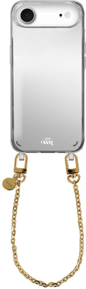 xoxo Wildhearts hoesje met spiegel geschikt voor iPhone 17 Air case - Dreamy Mirror Case - Kort koord - Siliconen telefoonhoesje met spiegel - Schokbestendig - Gouden schakelketting
