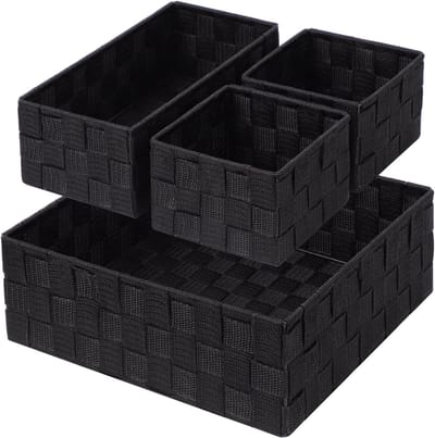 Famanu – Set van 4 geweven badkamer opbergmanden – Stoffen kubus organizers voor lade, kast en dressoir – Zwart