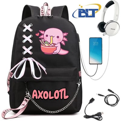 Schattige Axolotl bedrukte studentenschooltas voor meisjes zwarte rugzak usb kindertas casual tas terug naar school cadeau