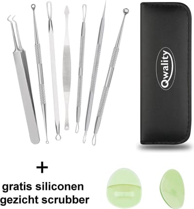 Professionele Puisten Verwijder Set - 7 Tools + Scrubber - Meeeters Verwijderen - Puisten Verwijderaar - Comedonenlepel - Blackhead Remover - Qwality®