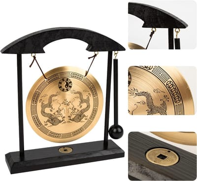 Gong - Ornament - Feng Shui Bureau Gong - Messing Standaard - Ambacht - Dubbele Draak - Verwijderbaar - Geschikt voor Huis, Kantoor en Tafeldecoratie - Verzamelbeeld - 18,5 x 4,5 x 20,5 cm - Goud, Zwart