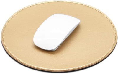 Ronde kleine waterdichte muismat van PU leer met gestikte randen en antislipbasis voor gaming en kantoorgebruik, ideaal voor computer en laptop accessoires (Goud)
