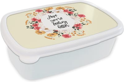 Broodtrommel Wit - Lunchbox - Brooddoos - Beterschap - Spreuken - Bloemen - Hope - 18x12x6 cm - Volwassenen