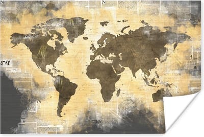 Poster 30x20 cm - Wereldkaart - Gouden - Krant - Posters - Kamer decoratie - Wanddecoratie woonkamer - Muurdecoratie slaapkamer