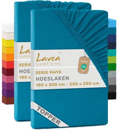 Lavea® Set van 2 Hoeslakens voor Topper 180x200 cm – 100% Katoen Jersey – voor Topmatras tot 10 cm – met Elastiek rondom – Aquamarijn