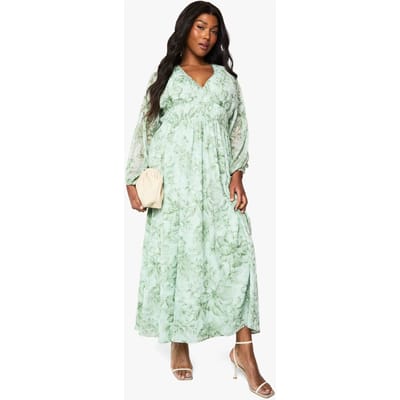 boohoo Dames Plus Floral Chiffon Jurk met geruimde blousonmouwen | Sage | Maat: 16