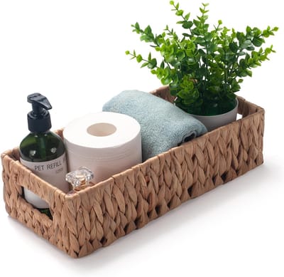 Toiletpapiermand voor de achterkant van het toilet, waterhyacint, lange smalle rieten badkameropbergmand met ingebouwde handgrepen, 36,1 x 16,5 x 9,4 cm