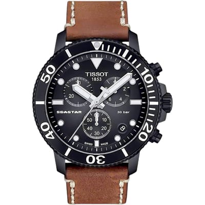 Tissot Seastar Serie Quartz Uurwerk 300 Meter Waterbestendig Horloge 45,5 Mm Zwarte Wijzerplaat Roestvrijstalen Kast Leren Band T120.417.36.051.00 Brown Strap black