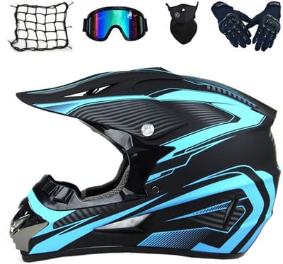 Motorcrosshelm Set - Crosshelm Offroad - Beschermend Rijden - Inclusief Handschoenen Bril - Diverse Maten Verkrijgbaar - Zwart Blauw