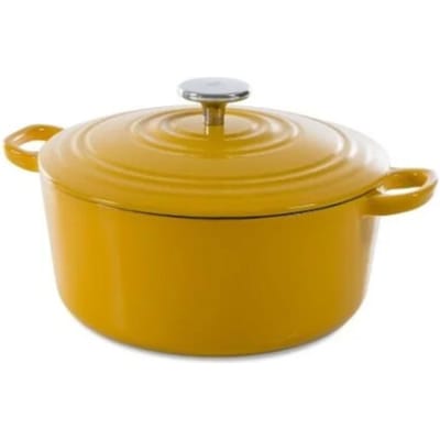BK Bourgogne Braadpan Gietijzer 24cm/4.2l - inductie braadpan - gietijzeren braadpan - ovenbestendig tot 230 graden - deksel met druipringen - wit geëmailleerde binnenkant - Sunny Yellow