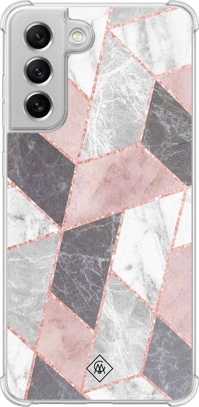 Casimoda® hoesje - Geschikt voor Samsung Galaxy S21 FE - Stone grid marmer / Abstract marble - Shockproof case - Extra sterk - Siliconen/TPU - Roze, Transparant