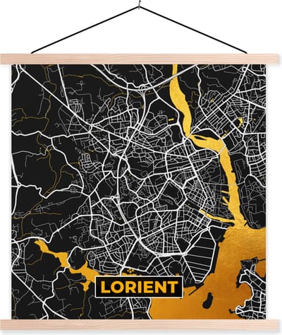 Posterhanger incl. Poster 40x40 cm - Schoolplaat - Plattegrond - Lorient - Stadskaart - Frankrijk - Kaart - Textielposter - Blanke latten - Stadskaart