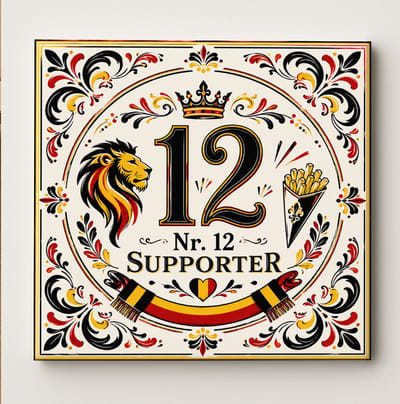 België Nr. 12 Supporter Voetbaltegel – Belgische Fan Design met Leeuw, Kroon, Vlag Sjaal en Friet – Decoratieve Keramische Cadeautegel