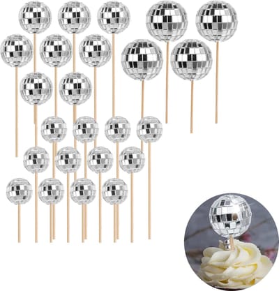 24 stuks zilveren discobal taartdecoraties met bamboestokken, discobal taarttopper