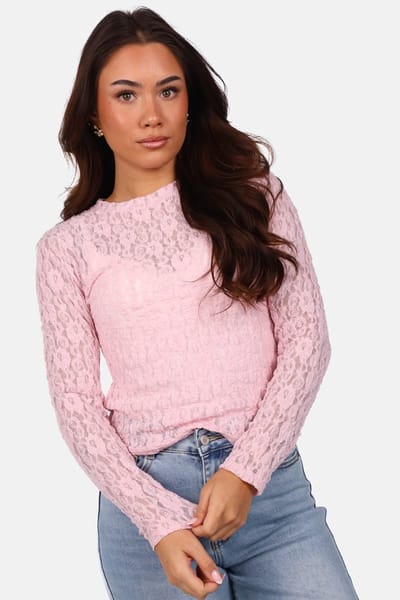 Getdrezzed Top - Maat: XS - Kanten top met ronde hals en lange mouwen lichtroze
