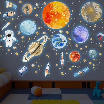 Luminous muurstickers met 9 planeten, sterren en astronaut voor kinderkamer decoratie, ruimte thema