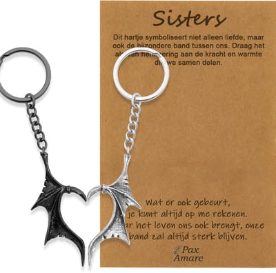 BFF Sleutelhanger voor 2 'Sisters' - Vleugels Hart - Sleutelhangers op Cadeau Kaartje - Zilverkleurig & Zwart - Vriendschap Symbool - Pax Amare