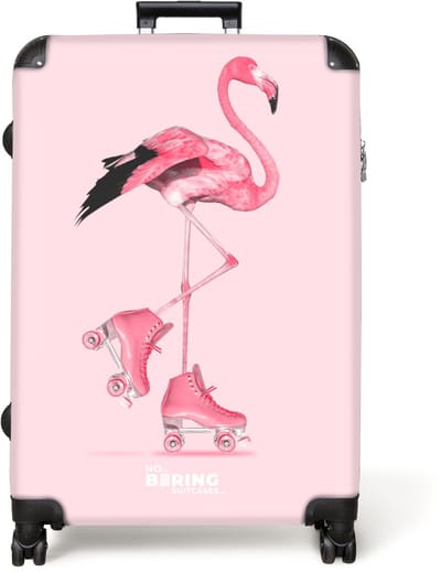 NoBoringSuitcases.com® - Koffer groot - Reiskoffer lichtgewicht - Flamingo met roze rolschaatsen - Rolkoffer met 4 wielen - Grote trolley XL - 98 liter bagage