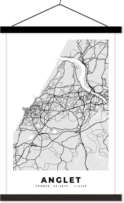 Posterhanger incl. Poster 40x60 cm - Schoolplaat - Stadskaart – Frankrijk – Kaart – Anglet – Plattegrond - Textielposter - Zwarte latten - Stadskaart