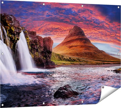 Gards Tuinposter Waterval bij een Berg - 120x90 cm - Tuindoek - Tuindecoratie - Wanddecoratie buiten - Tuinschilderij